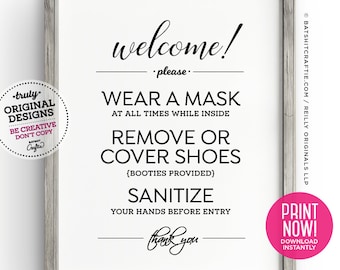 Remove Shoes Mask Required Sanitize Hands PRINTABLE SIGN ~ wash wear keep social distance 6 feet elegant Modern Poster Realtor Open House