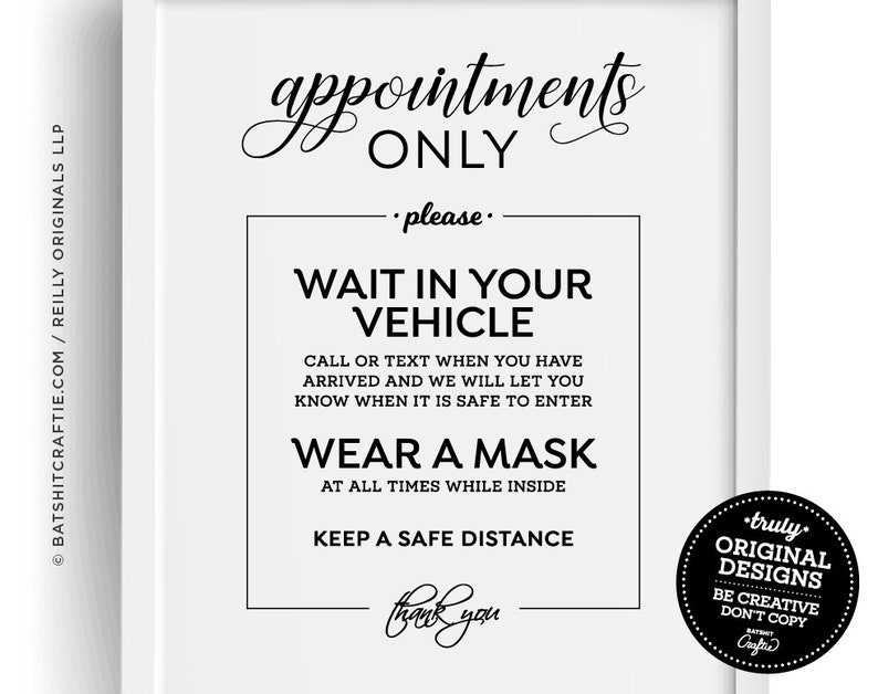 Please Wait In Vehicle Wear Mask Appointment Only PRINTABLE SIGN ~ elegant poster store cute social distance 6 feet by hair nail salon spa