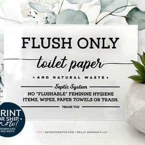 Flush Only Toilet Paper Septic System Sign ~ Ready to Ship or Print at home Instantly! Elegant &quot;Do not flush&quot; bathroom decor for home airbnb