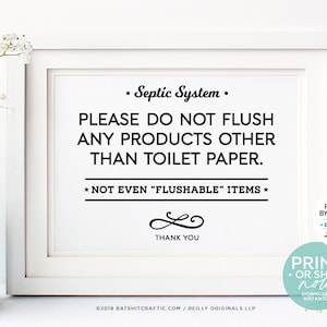 Elegant Septic System Bathroom Sign ~ Do Not Flush Any Products Other Than Toilet Paper ~ Ready to Ship or Print at home Instantly! Airbnb