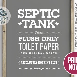 Fosse septique Enseigne de salle de bain INSTANT PRINTABLE Système Ne pas tirer la chasse seulement Papier toilette déchets naturels Drôle décor art Sanitaire Féminin Tampons