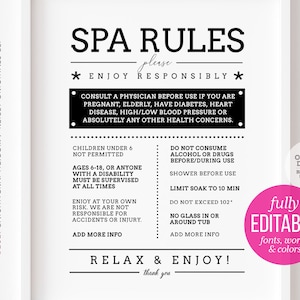 Editable Template ~ Spa Rules ~ Printable Sign for Airbnb, Rental ~ Includes 8x10, 11x14, 16x21, 18x24&quot; templates to create one design