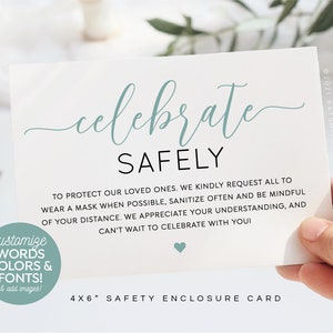 Covid Safety Enclosure Card, Celebrate Safely, Wear a Mask, Sanitize, Be Mindful of Distance, 4x6 inch Invitation Insert for party, wedding