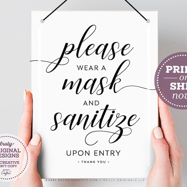 Please Wear a Mask & Sanitize Upon Entry Sign ~ Ready to ship or Print Instantly! ~ Elegant Printable covid-19 coronavirus safety