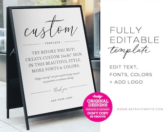Puede incluir: Un letrero en forma de A con fondo blanco y texto negro. El letrero dice "plantilla personalizada" y promociona un letrero personalizable de 61x91 cm con varias fuentes y colores. El texto adicional incluye "Plantilla totalmente editable" y "Diseños originales".