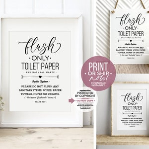 Cute Flush Only Toilet Paper & Natural Waste Bathroom Sign ~ Print OR Ship Now! ~ Septic System, No Sanitary Products, Wipes, Hopes, Dreams