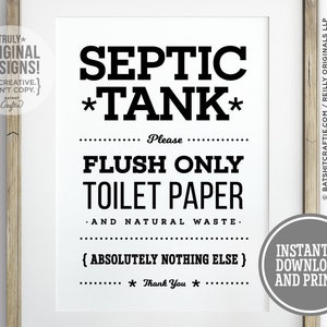Fosse septique Enseigne de salle de bain INSTANT PRINTABLE Système Ne pas tirer la chasse seulement Papier toilette déchets naturels Drôle décor art Sanitaire Féminin Tampons