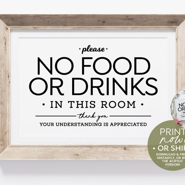 No Food or Drinks in This Room Sign, Download and Print Instantly or Ship Now! ~ Pretty Home Decor for Airbnb, Short Term Rental, VRBO
