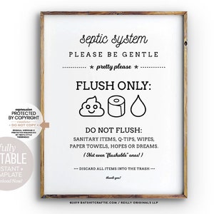 Cute Emoji Bathroom Printable, Self-editable 5x7&quot; Template, Septic System Flush only Pee Poo Toilet Paper, Access, Edit & Dowload Instantly
