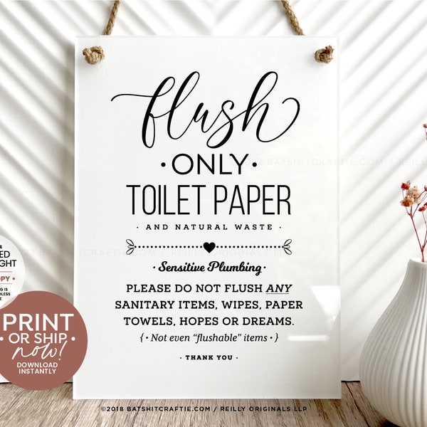 Cute Flush Only Toilet Paper & Natural Waste Bathroom Sign ~ Print or Ship! ~ Sensitive Plumbing, No Sanitary Products, Wipes, Hopes, Dreams