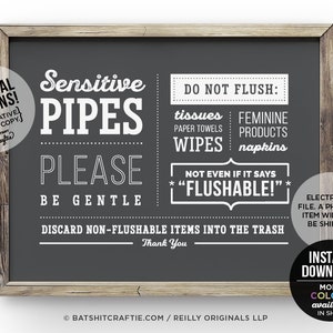 Tuyaux sensibles IMPRIMABLE Salle de bain Signe Système septique Plomberie Chasse d&#39;eau Seulement Pee Poo Papier toilette Pas de tampons Essuyer Décor drôle Art sanitaire mignon