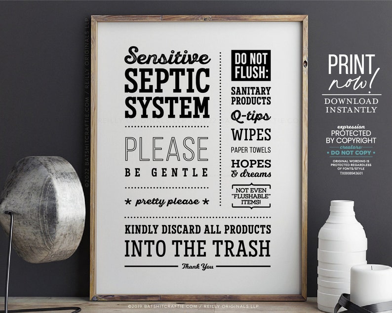 Septic Tank System Bathroom Sign Ready to Print Instantly or Ship Do not Flush Sanitary Products Wipes Hopes Dreams Cute Wall Art Decor image 7