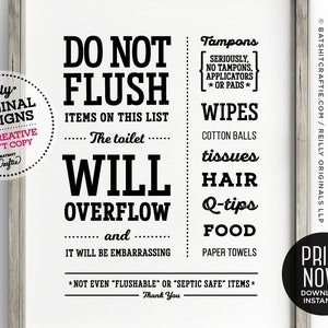 Funny PRINTABLE Bathroom Sign ~ Overflow Embarassed ~ Do not Flush only toilet paper Cute Humor feminine sanitary wipes Septic System Tank