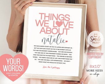 Things We Love About You Personalized Printable ~ Self-Editable 8x10" Template ~ Instantly download, print + gift! Smile Files ~ SmileFiles™