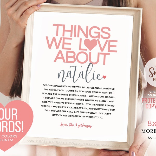 Things We Love About You Personalized Printable ~ Self-Editable 8x10" Template ~ Instantly download, print + gift! Smile Files ~ SmileFiles™