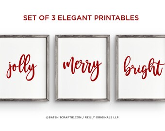 Imprimibles navideños Conjunto de 3 Jolly Merry Bright ~ ¡MUCHOS tamaños incluidos! ~ Linda palabra de escritura rústica simple Arte de pared de decoración instantánea para el hogar de vacaciones
