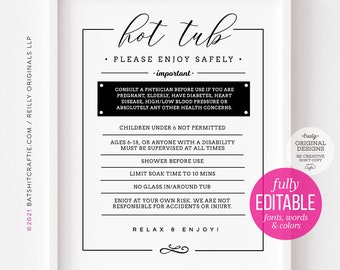 Editable Template ~ Hot Tub Rules ~ Elegant Printable Sign for Airbnb, Rental ~ Includes 8x10, 11x14, 16x21, 18x24" templates for one design