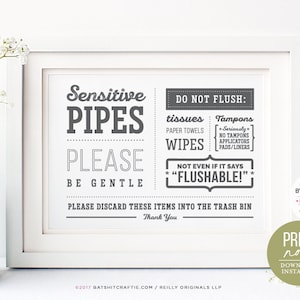 Septic System Sign PRINTABLE Bathroom Sensitive Plumbing Pipes Flush Only Toilet Paper No Tampons Pads Applicators decor Cute sanitary art
