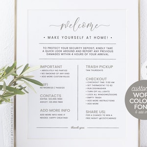 Fully Editable 8x10" Printable Template ~ Welcome Sign + Rules ~ for Airbnb, Rental ~ Change all words, colors, fonts! {Create ONE design}