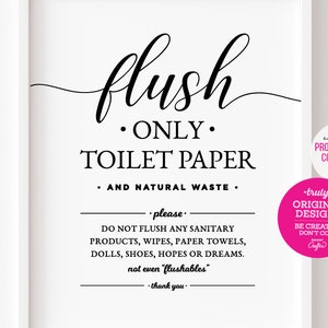 Cartello per il bagno stampabile istantaneamente con carta igienica e rifiuti naturali ~ Non lavare i prodotti sanitari, salviette, speranze, sogni ~ Graziosa arte da parete