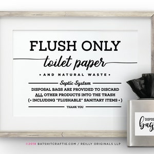 トイレットペーパーと自然廃棄物浄化槽システムの印刷可能な標識～廃棄袋を用意