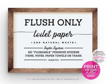 Flush Only Toilet Paper Septic System Sign ~ Ready to Ship or Print at home Instantly! Elegant &quot;Do not flush&quot; bathroom decor for home airbnb