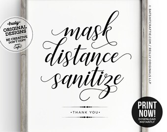 Mask Distance Sanitize Simple & Elegant PRINTABLE SIGN ~ modern script office restaurant bathroom wash hand poster cute social salon art