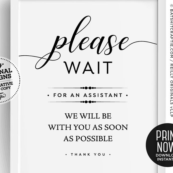 Please Wait for Assistant PRINTABLE SIGN ~ modern elegant poster office salon cute wash hand social distance wear mask lobby room 6 feet