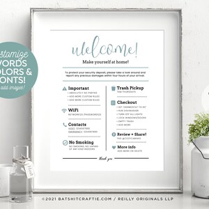 Fully Editable 8x10" Printable Template ~ Welcome Sign + Rules ~ for Airbnb, Rental ~ Change all words, colors, fonts! {Create ONE design}