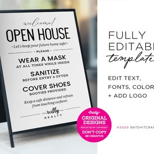 Fully Editable Open House Printable ~ 24x36&quot; A-Frame Sandwich Board Lawn Sign ~ Wear Mask Remove Cover Shoes (Booties), Sanitize Hands Etc