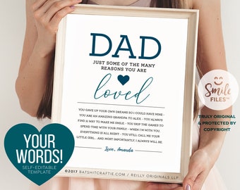 Customizable Dad Gift ~ Reasons You are Loved ~ Self-Editable Template ~ Instantly download, print + gift! Smile Files ~ SmileFiles™