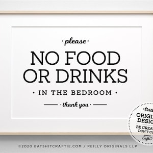 No Food or Drink in the Bedroom Printable Sign ~ Instant Digital Download for Rental Properties and Airbnbs ~ Cute elegant guest decor