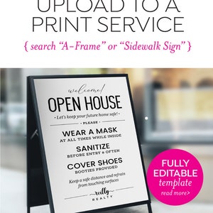 K&ouml;nnte beinhalten: Schwarzes A-Rahmen-Schild mit wei&szlig;em Text, einschlie&szlig;lich "OPEN HOUSE" und Sicherheitsrichtlinien. Das Schild enth&auml;lt auch den Text "reilly REALTY" und einen pinkfarbenen Kreis mit "FULLY EDITABLE template read more>."