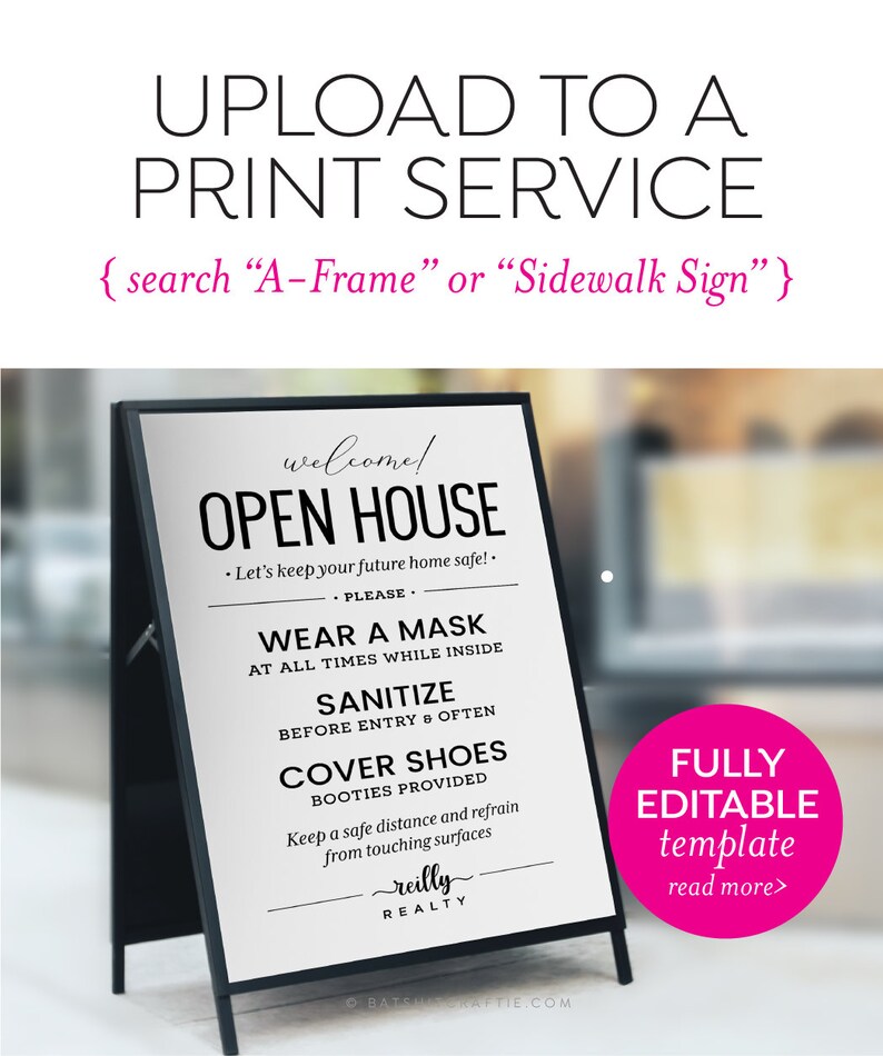 K&ouml;nnte beinhalten: Schwarzes A-Rahmen-Schild mit wei&szlig;em Text, einschlie&szlig;lich "OPEN HOUSE" und Sicherheitsrichtlinien. Das Schild enth&auml;lt auch den Text "reilly REALTY" und einen pinkfarbenen Kreis mit "FULLY EDITABLE template read more>."