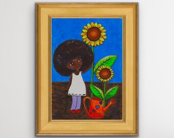 SUNFLOWER GIRL DRAWING, African girl art, sunflower girl art print, ethnic art wall decor, sunflowe Decor Black girl art print