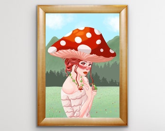 BOHEMIAN ART PRINT, Bohemian Decor, Mushroom Art Print, Mushroom wall hanging, Mushroom girl poster, mushroom art painting, Toadstool decor