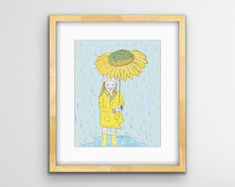 SUNFLOWER GIRL DRAWING, storm art Print, gifts for flower girls, sunflower art for bathroom, sunflower and kitchen Decor,