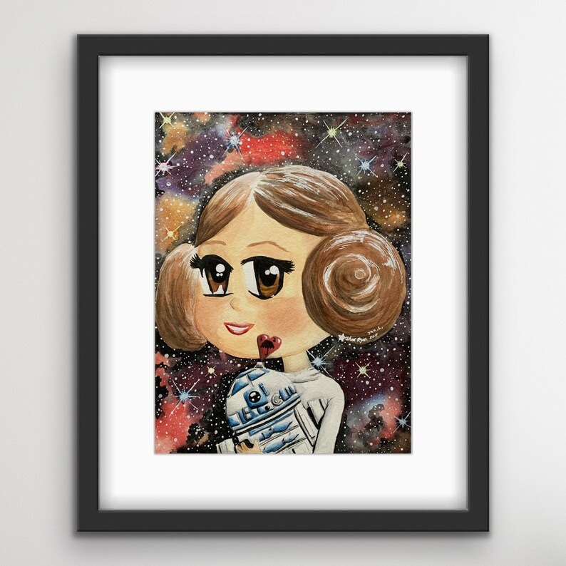 Star Wars Watercolor PRINCESS LEIA R2D2 Nursery Wall Art Print Baby Shower Gift Idea Mandalorian Death Star Nursery Decor Kids Decor image 1