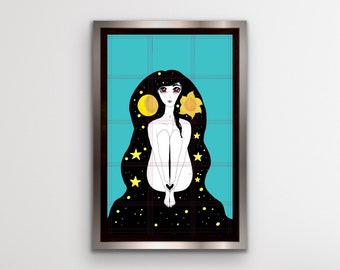 ANIME WALL ART Print, Sun moon Art Print, mental health awareness art Print, anxiety awareness, manga art Print, Woman Art Print, Star Art