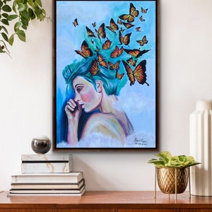 BUTTERFLY PORTRAIT, boho Wall art Prints, hippie Art Painting, Cocoon Painting Original, Butterfly gifts for women, Acrylic Art image 3