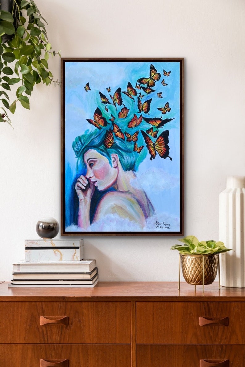 BUTTERFLY PORTRAIT, boho Wall art Prints, hippie Art Painting, Cocoon Painting Original, Butterfly gifts for women, Acrylic Art image 3