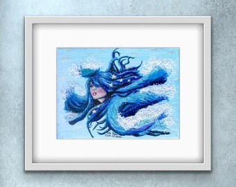 WAVE WALL ART print, 2D ocean wall art, ocean original painting, ocean waves wall art decor blues waves canvas coastal