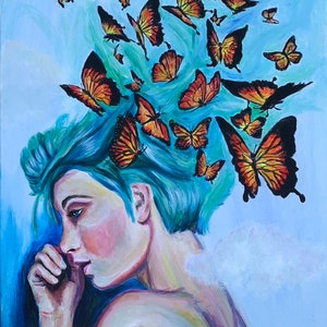BUTTERFLY PORTRAIT, boho Wall art Prints, hippie Art Painting, Cocoon Painting Original, Butterfly gifts for women, Acrylic Art image 4