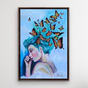 BUTTERFLY PORTRAIT, boho Wall art Prints, hippie Art Painting, Cocoon Painting Original, Butterfly gifts for women, Acrylic Art image 1