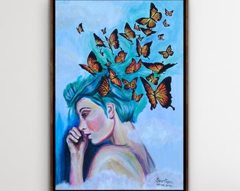 BUTTERFLY PORTRAIT, boho Wall art Prints, hippie Art Painting, Cocoon Painting Original, Butterfly gifts for women, Acrylic Art
