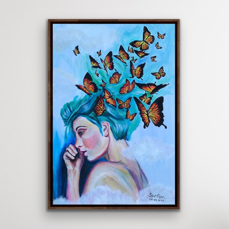 BUTTERFLY PORTRAIT, boho Wall art Prints, hippie Art Painting, Cocoon Painting Original, Butterfly gifts for women, Acrylic Art image 1