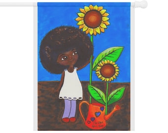 SUNFLOWER GARDEN FLAG, House Banner, sunflower garden decor, sunflower housewarming gift, sunflower house decor, African American wall art