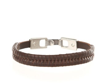 Bracciale da uomo in pelle intrecciata fatta a mano Bracciale da uomo piatto marrone con gancio che si aggancia saldamente alla barra Regali per uomo