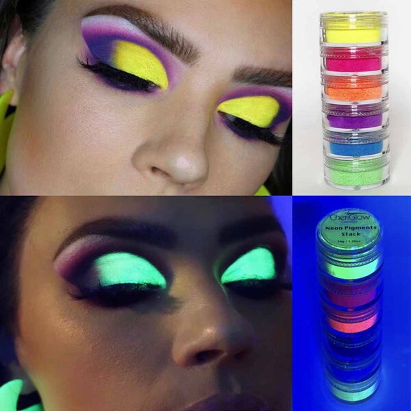 NEON PIGMENTS STACK of 6 colors, Eyeshadows, Pigment shadows, neon colors, glow in the dark makeup, glow, festival, fantasy, neon cosmetics