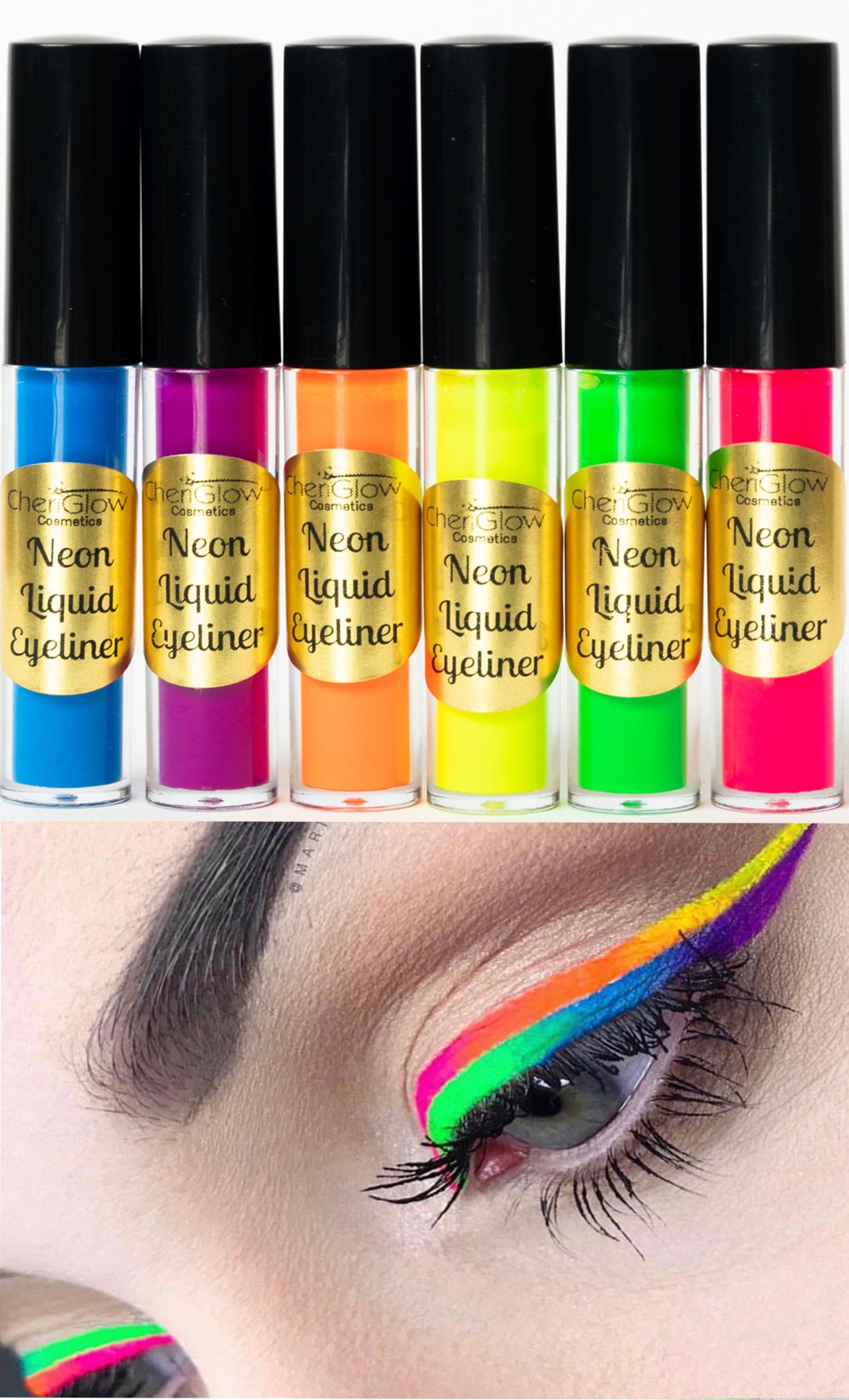 Neon Eyeliner Palette, 60 Colours, UV Graphic Liner, 2 Brushes Included,  Glow Under Black Light 